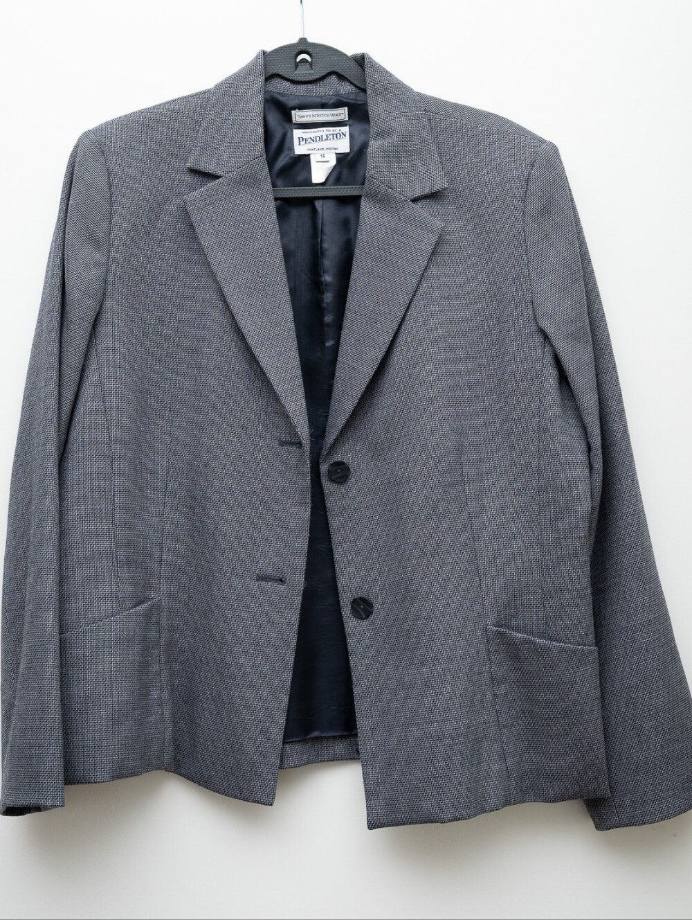 PENDLETON Savvy Wool Gray Micro Houndstooth 2-Button Stretch Blazer Size 14